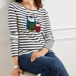 TALBOTS Women's Cotton Striped Owl Applique Casual Top Size LP